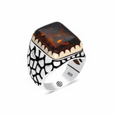 Silver Zircon Brown Stone Square Men's Ring